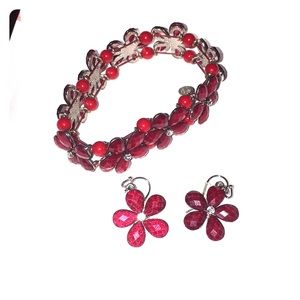 Brilliant red bracelet+earrings w/ sparkle flowers